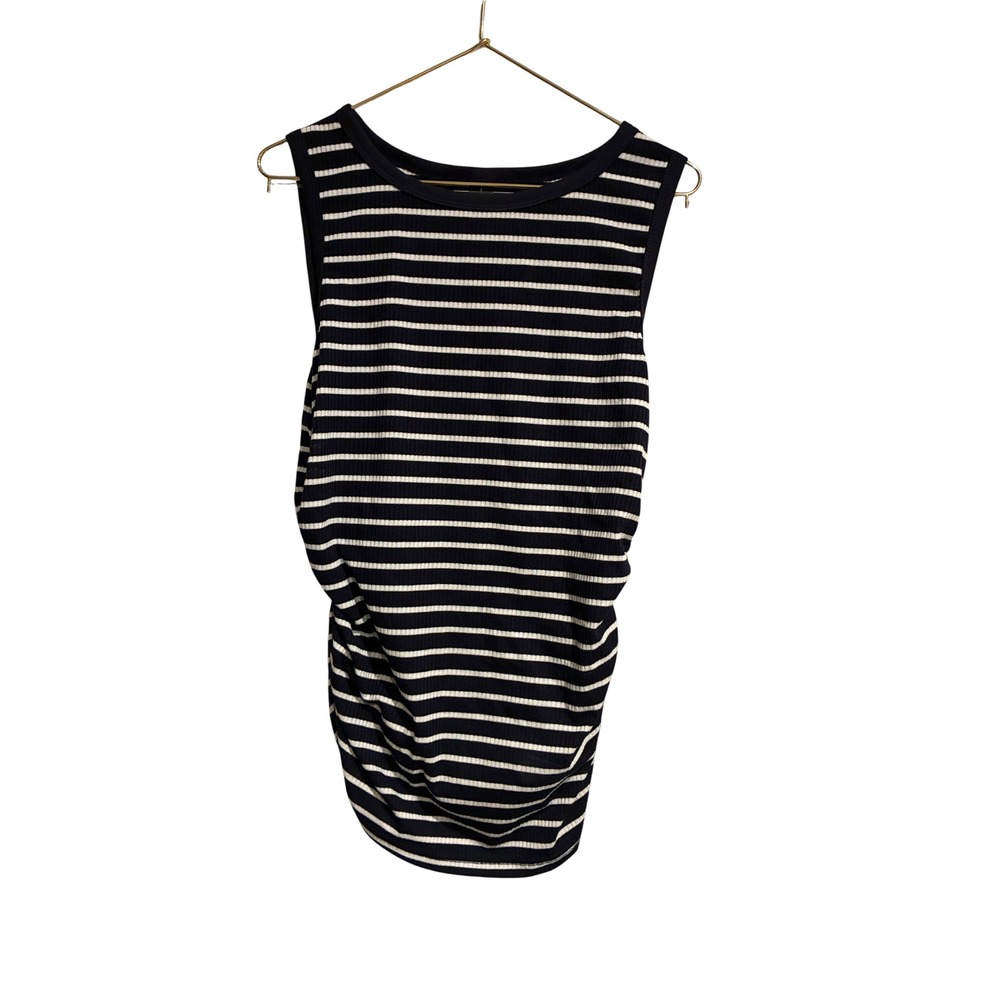 SHEIN Navy Blue White Striped Ribbed Ruched Tank Top Large JIT275514